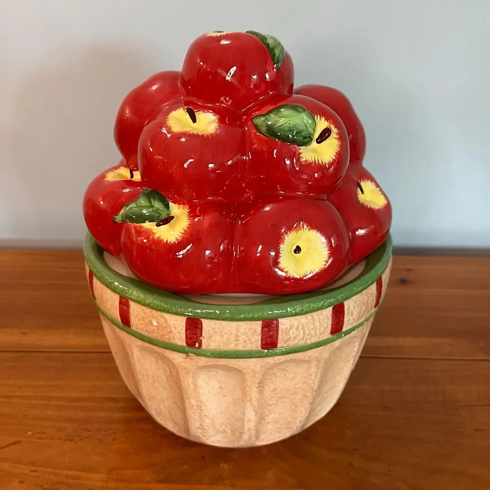 Vintage Big Apple Basket Ceramic Cookie Jar 3D Red Fruit Figural Canister READ